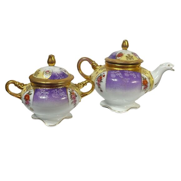 Vintage Victoria Austria Teapot & Sugar Dragon Serpent Floral Pattern Gold Trim - Picture 2 of 16
